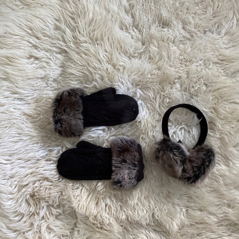 Winter mittens with fur cuff + matching ear muffs